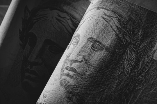 Brazilian real cedula close up, Brazilian financial crisis, Marianne. Punctual close-up.