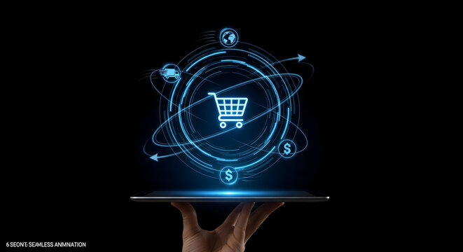 Modern e-commerce concept with shopping cart, global delivery, and financial transactions displayed