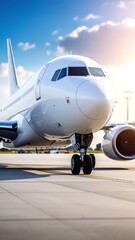 Fototapeta premium White jet on runway, bright sky