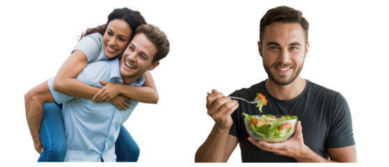Happy couple piggyback ride and man eating healthy salad isolated on white transparent background png jpg business people clipping path cutout 2025 2026 4k full hd poster banner label download