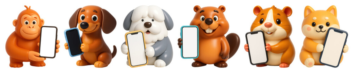 Fototapeta premium Cute animals holding smartphones