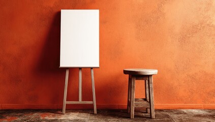 Empty easel and stool in a terracotta room