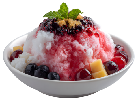 Colorful shaved ice dessert topped with syrup, fruits, and mint leaves, served in a white bowl