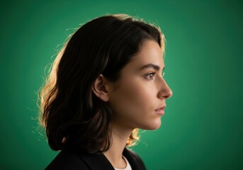 Profile of Young Woman with Wavy Dark Hair in Side Profile Against Green Background