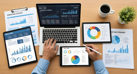 Business professional analyzing marketing data on multiple devices for successful campaign strategy