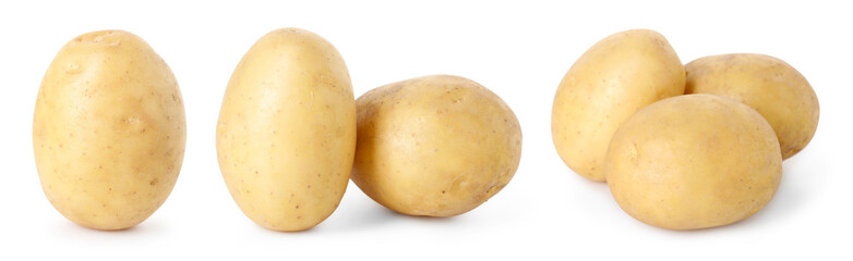 Fresh raw potatoes isolated on white, set