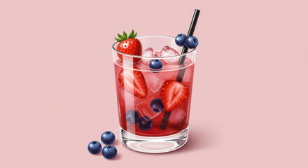 A refreshing red fruit cocktail with a cherry, strawberry, and lime in a glass