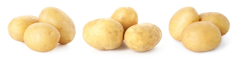 Fresh raw potatoes isolated on white, set