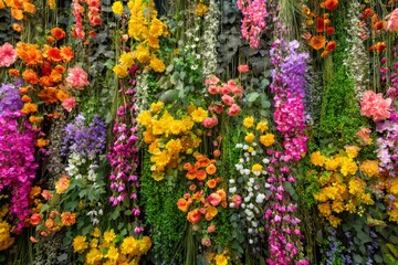 A close-up view showcases a vibrant collection of flowering plants cascading down a vertical garden