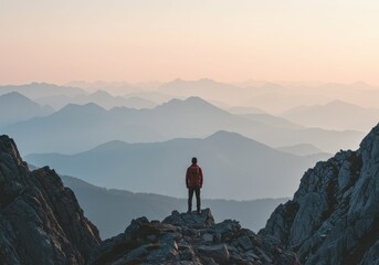 Fototapeta premium Mountain Summit Contemplation: Man Overlooking Layered Peaks at Dawn