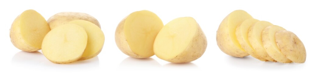 Fresh raw potatoes isolated on white, set