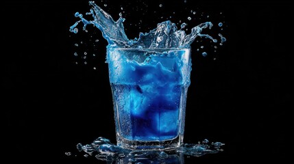 A vibrant blue liquid, possibly a cocktail or a refreshment, is captured in a glass with ice cubes.