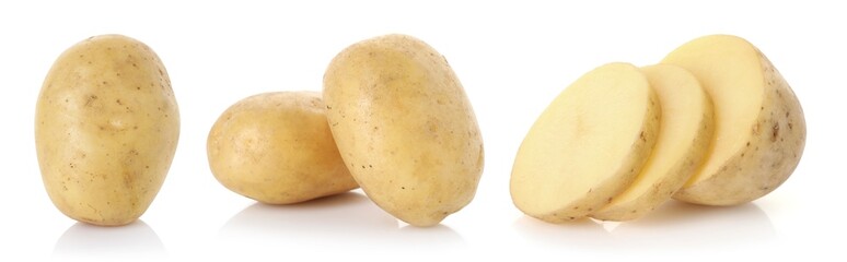 Fresh raw potatoes isolated on white, set