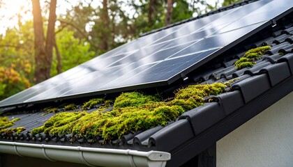 Solar panels on a mossy roof