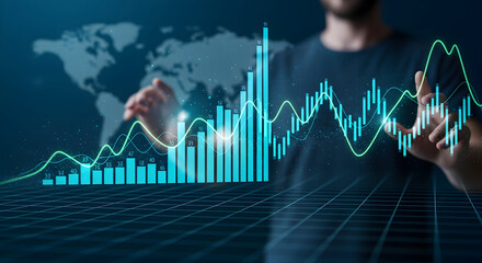 Dynamic business growth chart with hand touching data, future-focused financial success visuals