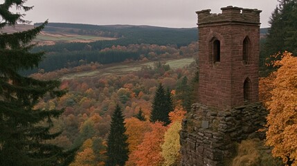 Ancient sandstone tower watches over a forest dressed in autumnal splendor landscape