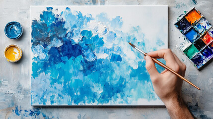 Creative expression in shades of blue during an art session featuring a hand holding a brush and vibrant paints on a table. Art therapy concept.