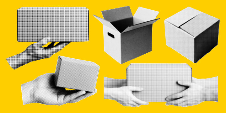 Halftone pop art collage of cardboard boxes in hands, delivery, packaging, shipping and storage concept on yellow background