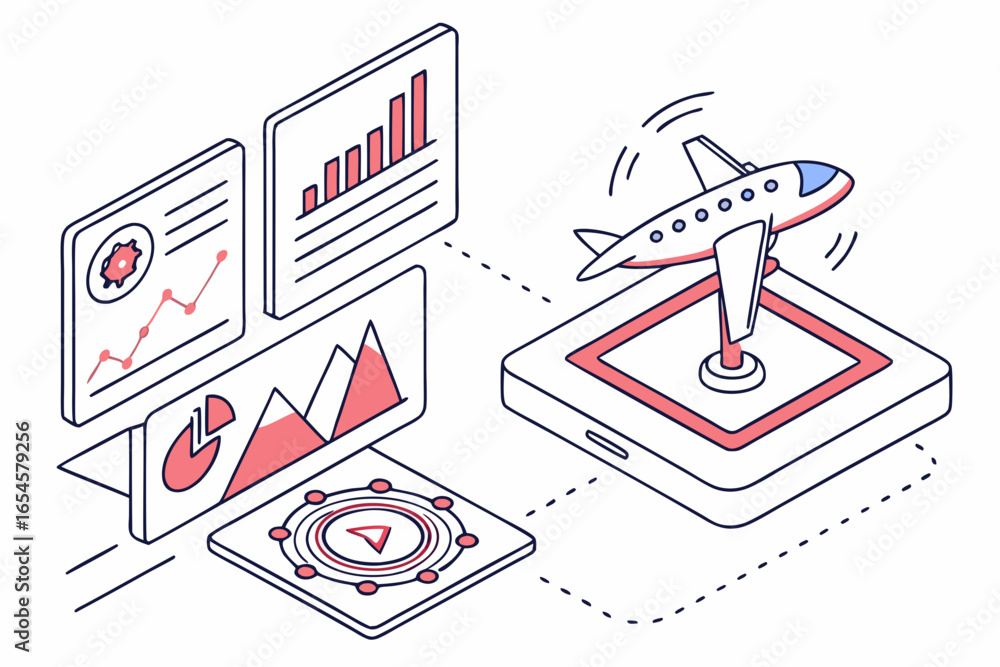 Poster airplane on platform with data analytics and play button