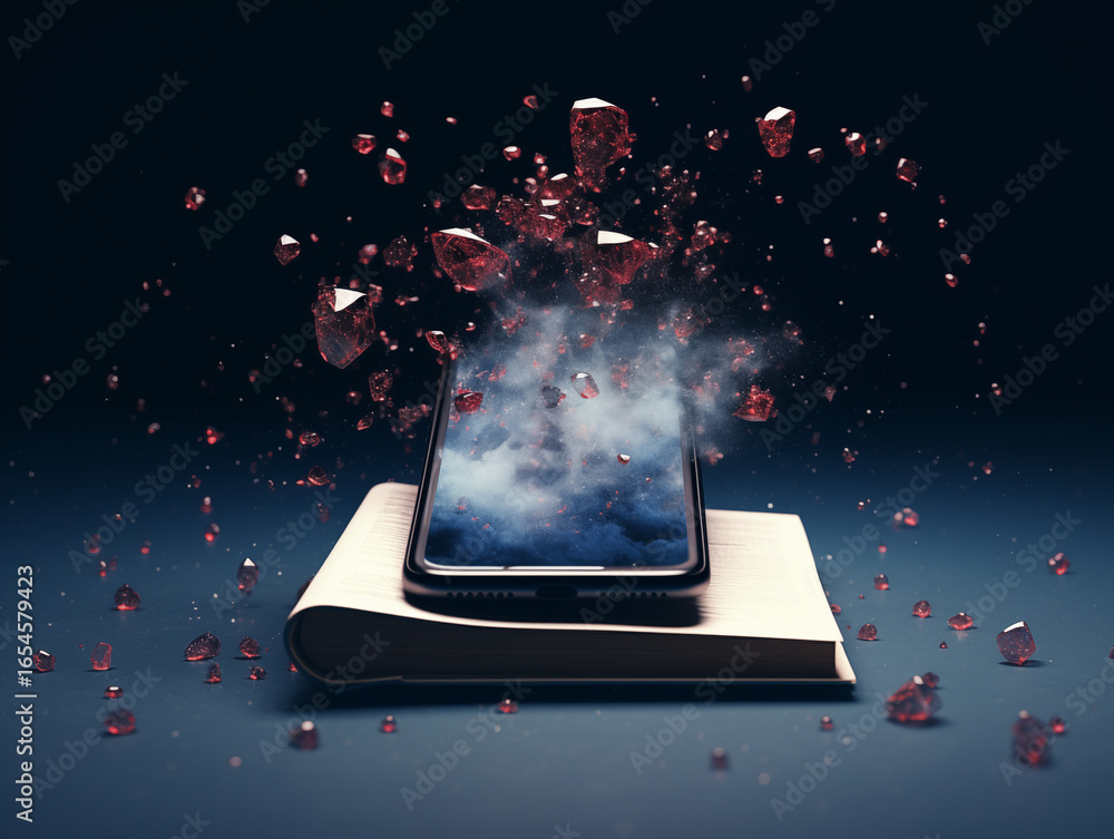 Poster smartphone explodes with red gems and smoke bursting from an open book, symbolizing digital innovati
