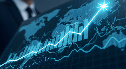 Dynamic upward trend graph with world map background representing business growth and success