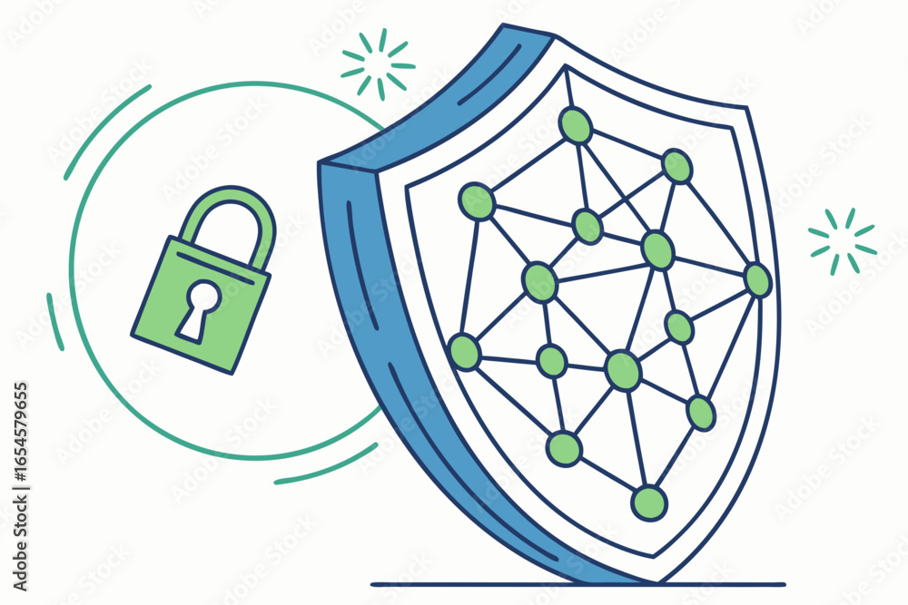 Poster digital security shield with network connections and padlock
