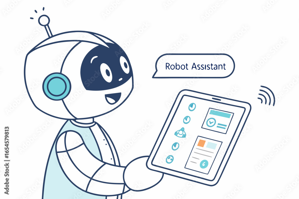Poster friendly robot holding a tablet with robot assistant text