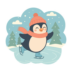 Cute penguin in a knitted scarf and hat skating on ice. Simple flat doodle style, winter mood