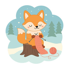 The fox cub sits on a stump and knits a scarf. Simple flat doodle style, cozy warm winter mood