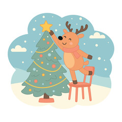 Deer standing on a chair and decorating a Christmas tree. Simple flat doodle style, cozy warm winter mood