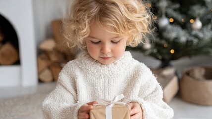 Little girl with curly blonde hair holding a present near a decorated christmas tree fireplace and Winter