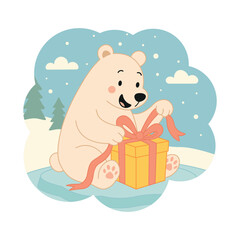 A polar bear sits on ice floe and unpacks gift box. Simple flat doodle style, cozy warm winter mood