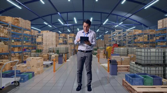 Full Body Side View Of An Asian Male Professional Worker Standing With His Tablet in Warehouse with Rows of Shelving, Typing On His Tablet'S Keybaord With Meditation