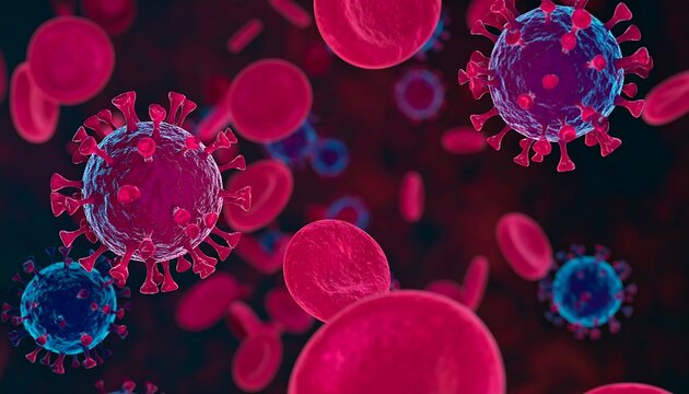 Microscopic viral particles amidst red blood cells