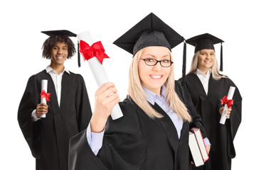 Group of happy graduate students holding certificates