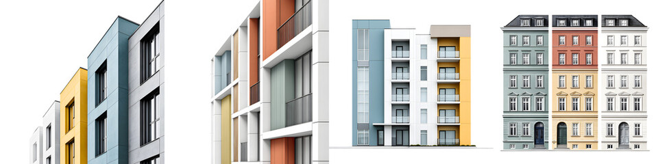 Naklejka premium Modern Colorful Apartment Buildings Set Against White Background