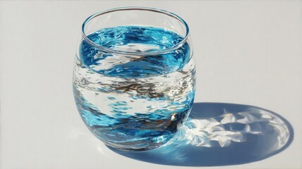 A clear glass, filled with rippling blue and clear liquid, casts a shadow on a white surface