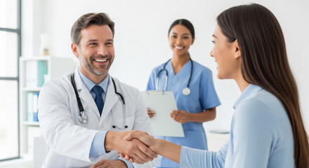 Fototapeta premium Handsome male doctor in a white coat smiles while shaking hands with a female patient. A female nurse in blue scrubs stands in the background holding a clipboard