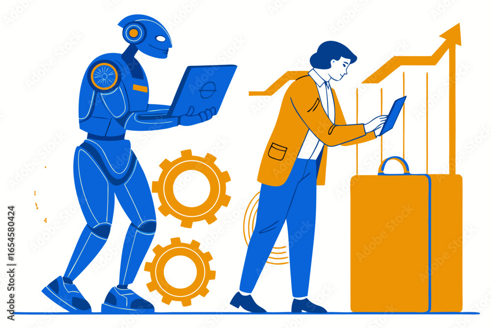 Poster robot and businessman collaborating on growth artificial intelligence