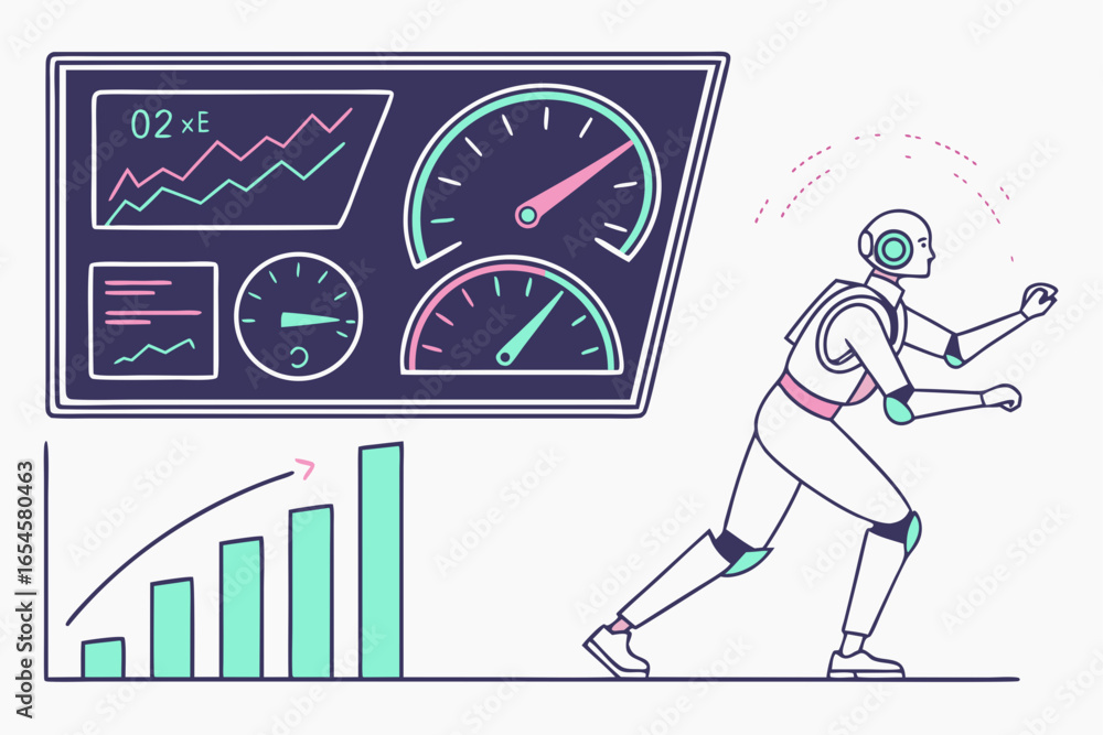 Poster robot interacting with data dashboards and growth chart