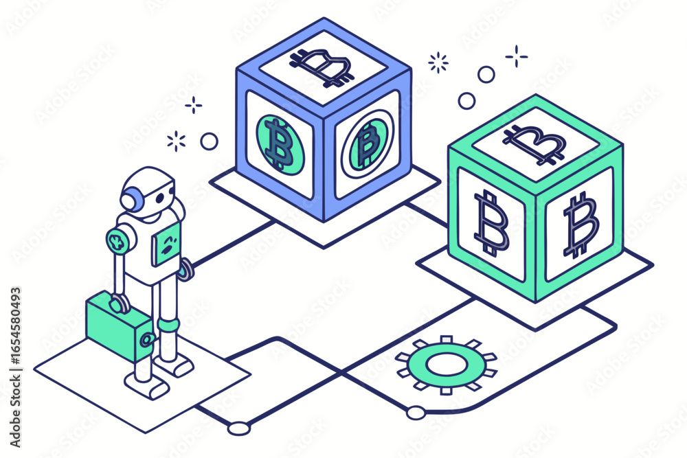 Poster robot interacting with bitcoin blocks cryptocurrency