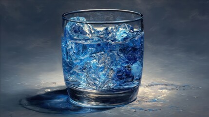 A transparent glass filled with glistening ice cubes, reflecting light on a textured surface