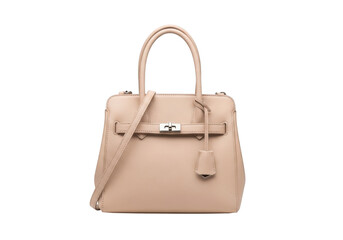Elegant beige leather tote handbag isolated on transparent background