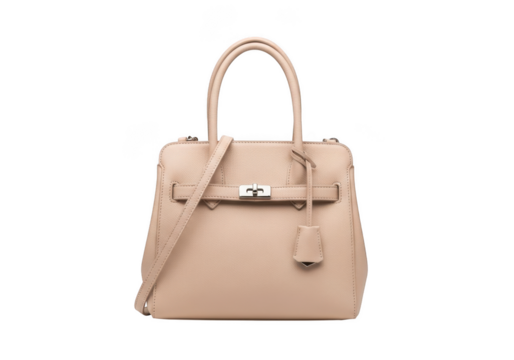Elegant beige leather tote handbag isolated on transparent background