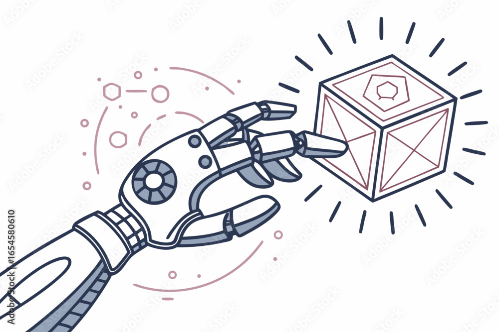 Poster robotic hand interacting with geometric cube artificial intelligence