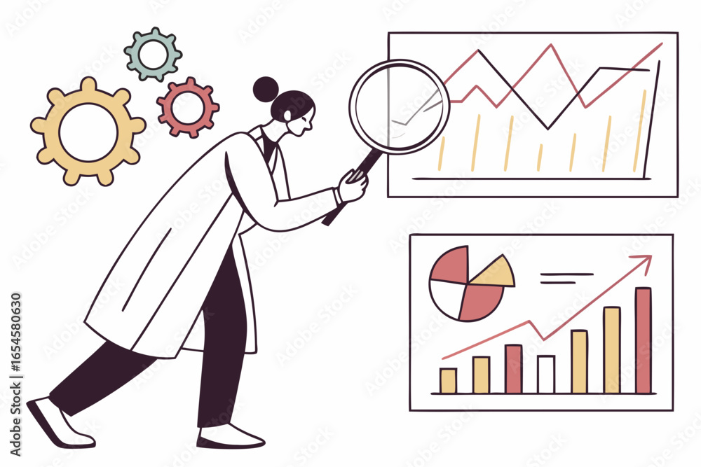 Poster scientist analyzing data with magnifying glass and charts