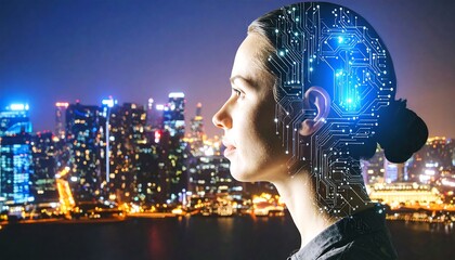 A woman with a digital brain overlay against a cityscape at night