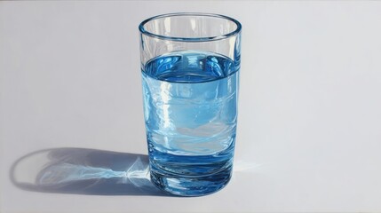 A realistic depiction of a partially filled cylindrical glass of clear blue liquid, casting a shadow on a light gray surface