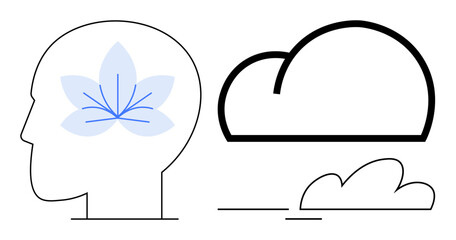 Human head outline with floral element inside paired with cloud silhouette. Ideal for mindfulness, meditation, well-being, creativity, mental clarity, self-discovery, introspection concepts. Minimal