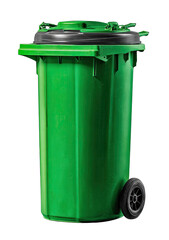 Green plastic trash receptacle with lid